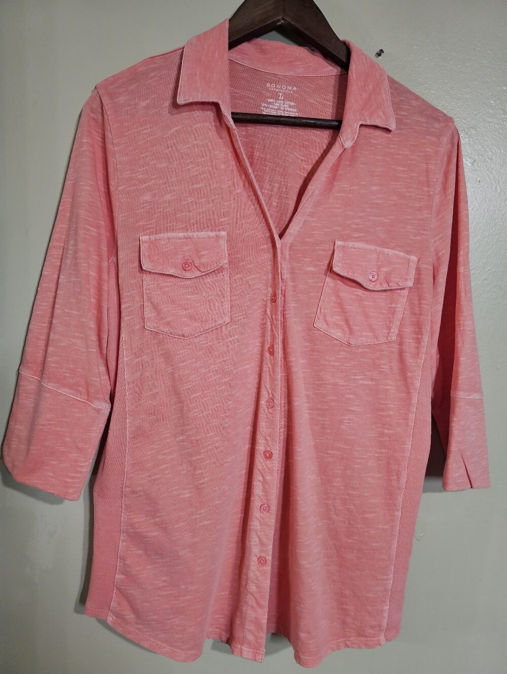 Sonoma Coral Pink Button Front Utility Shirt Womens Large Roll Tab Cotton Top